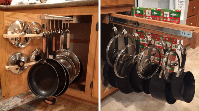 Как хранить сковороды с кастрюлями не занимая полезное пространство 1 | Дока-Мастер